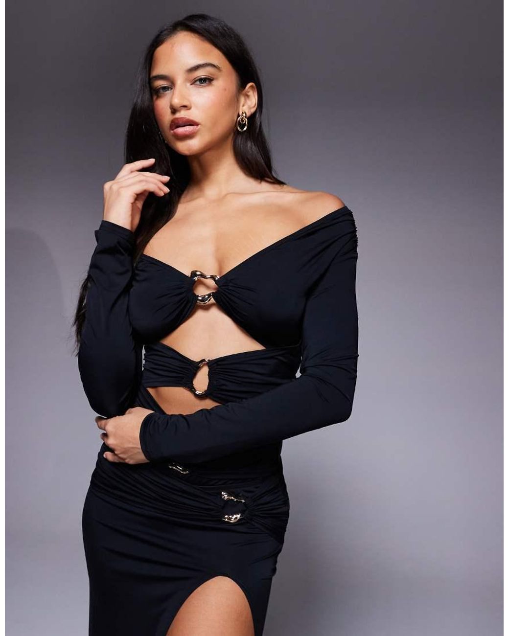 Murci Black Exclusive Off Shoulder Hardware Cutout Detail Bodysuit And Maxi Skirt Set