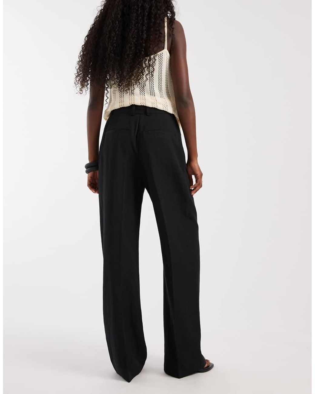 ASOS Black Tailored Linen Look Wide Leg Trousers With Pleat Detail