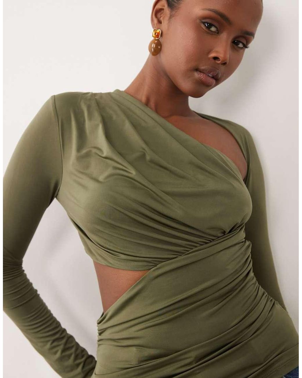 ASOS Green Asymmetric Ruched Long Sleeve Top With Cut Out