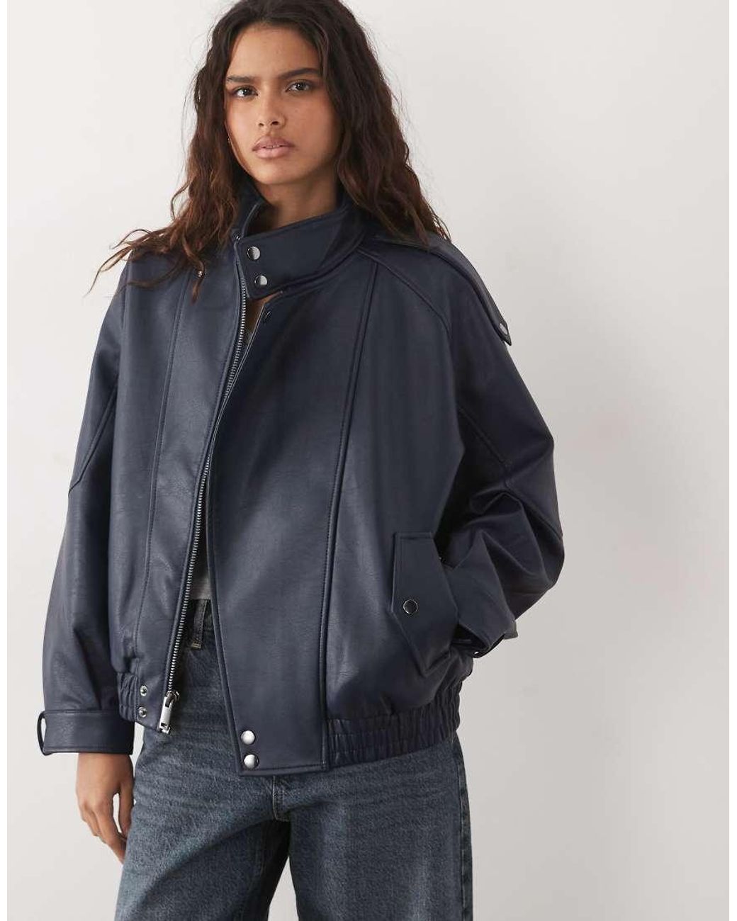 Abercrombie & Fitch Blue Oversized Faux Leather Bomber Jacket