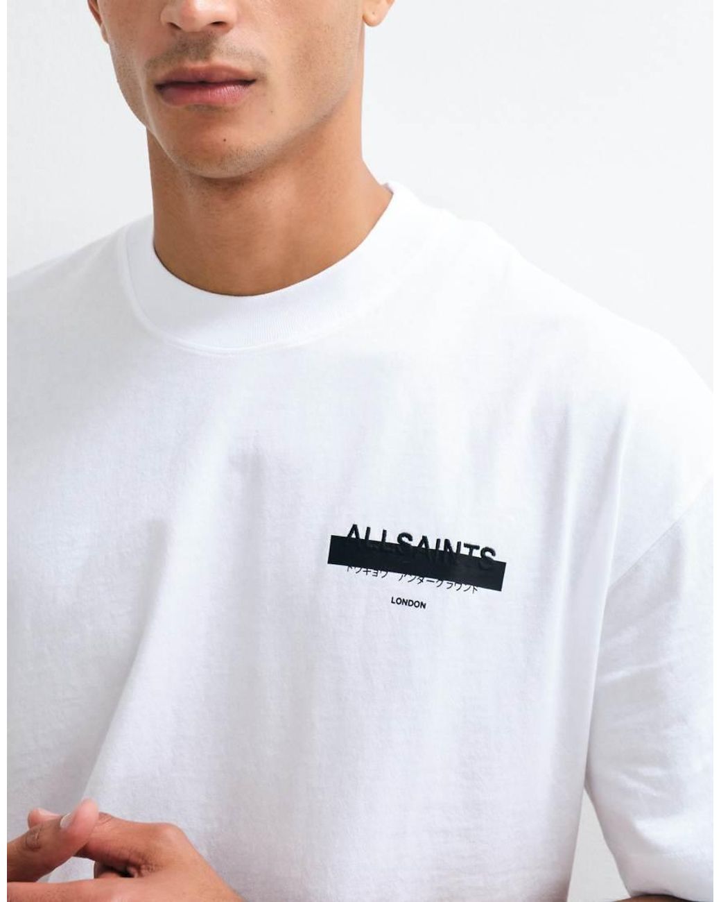 AllSaints White Redact Oversized Embroidered Logo T-Shirt for men