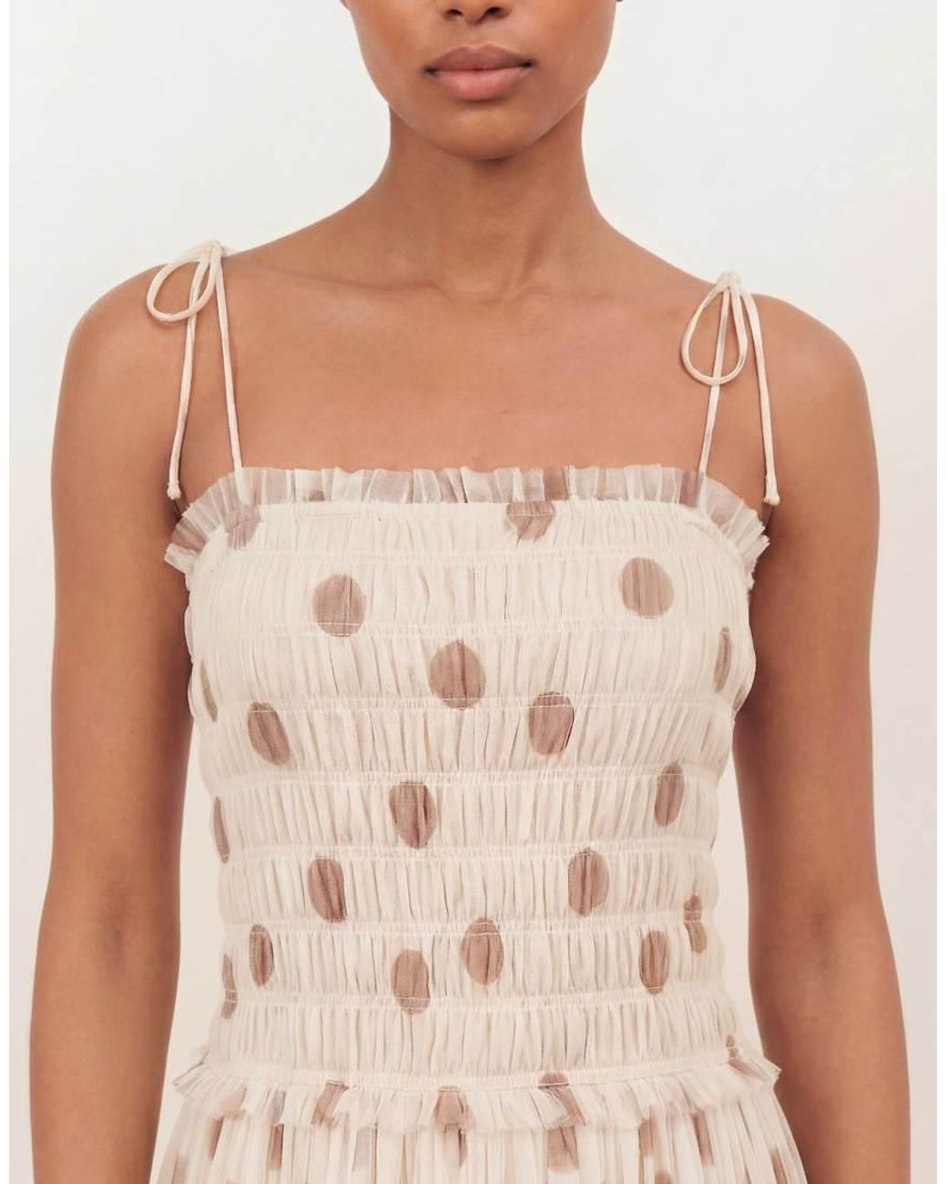 ANAYA Natural Polka Dot Shirred Self-Tie Cami Midi Dress