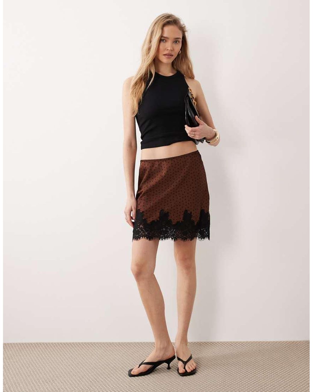 Mango Brown Mini Skirt With Lace Trim