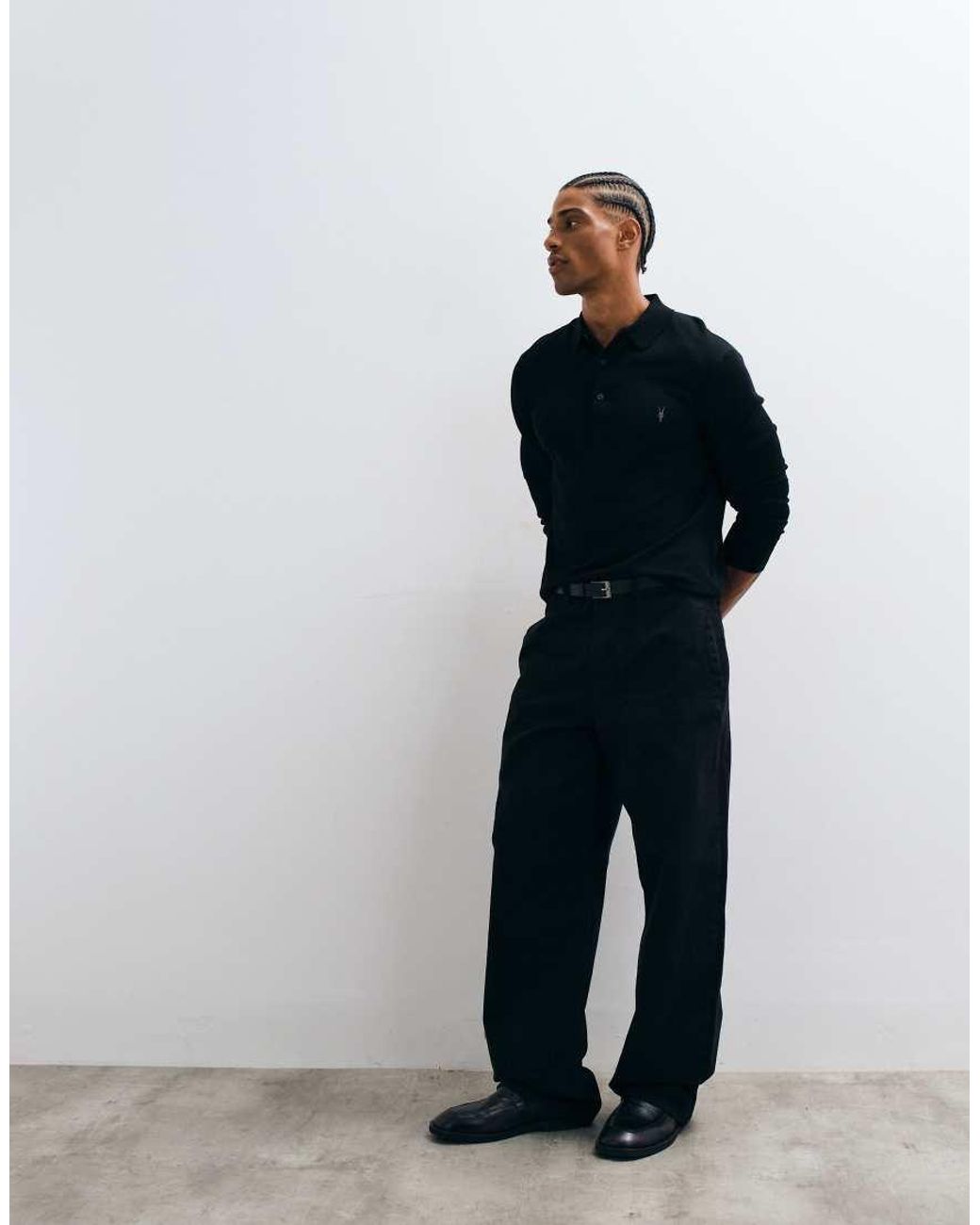 AllSaints Blue Mode Merino Long Sleeve Logo Knit Polo for men