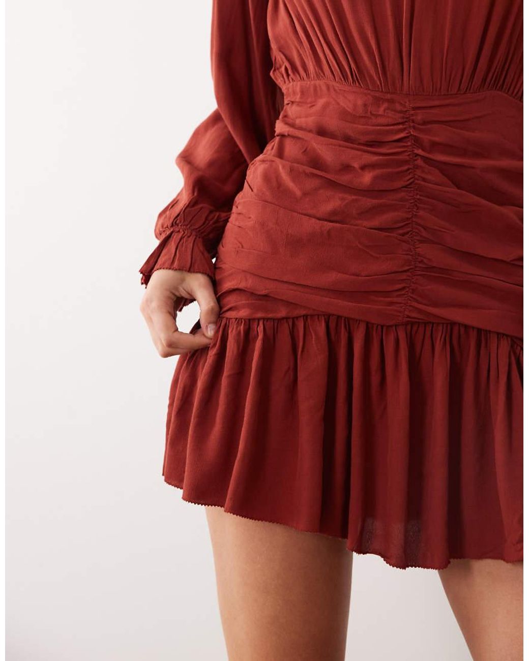 Mango Red Teen Ruched Long Sleeve Mini Dress