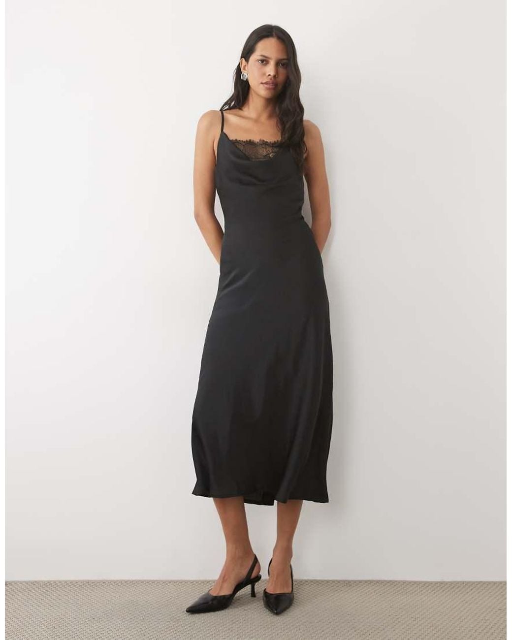 New Look Black Lace Insert Satin Cowl Neck Midi Dress