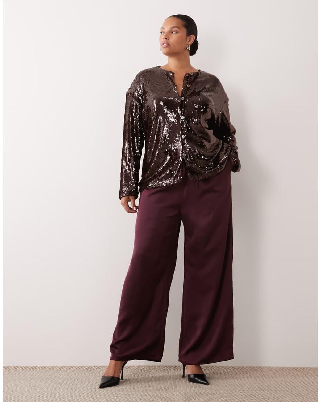 Pretty Lavish Curve Brown Sequin Shoulder Pad Detail Button Down Top