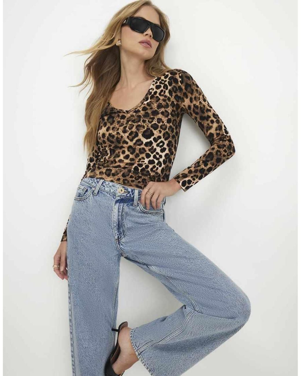 River Island Blue Cotton Blend Leopard Print V Neck Top
