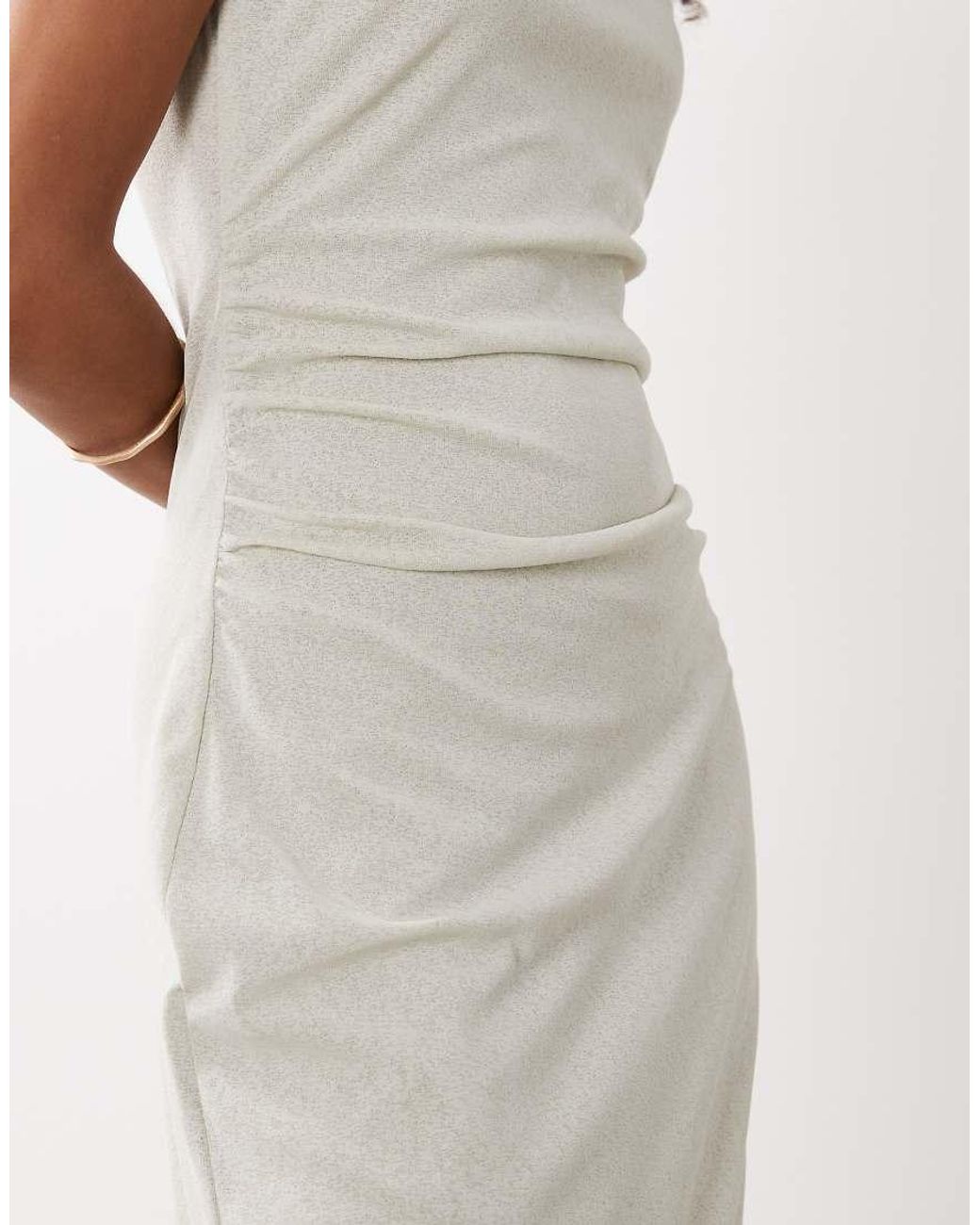 Mango White Boat Neck Sleeveless Midi Dress With Ruched Waist