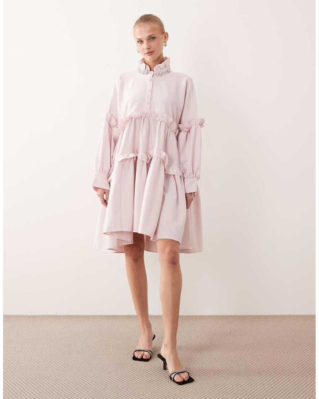 Sister Jane Pink Dream Rising Sun Cotton Smock Embellished Collar Mini Dress