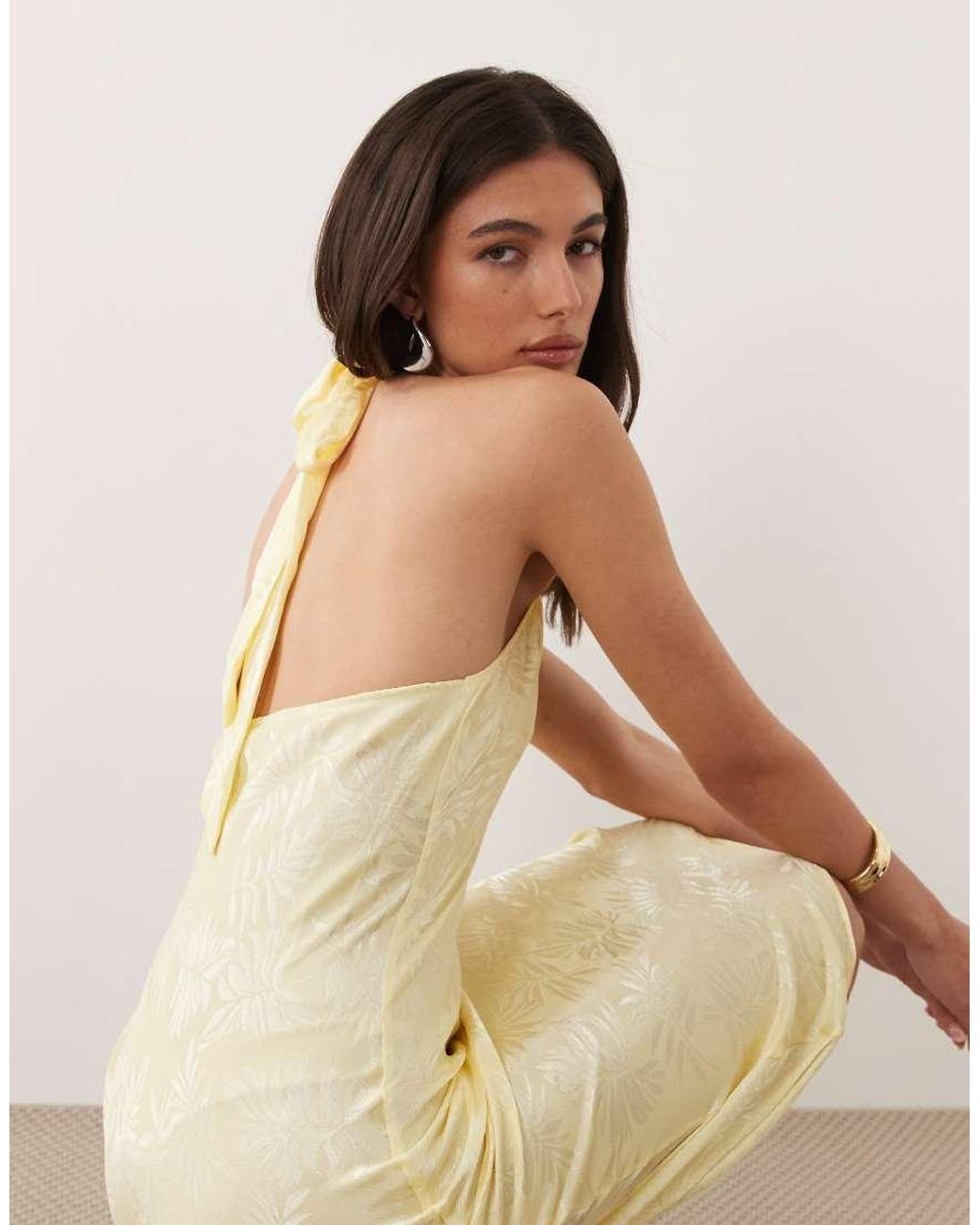 New Look Natural Satin Palm Jacquard Halter Neck Maxi Dress