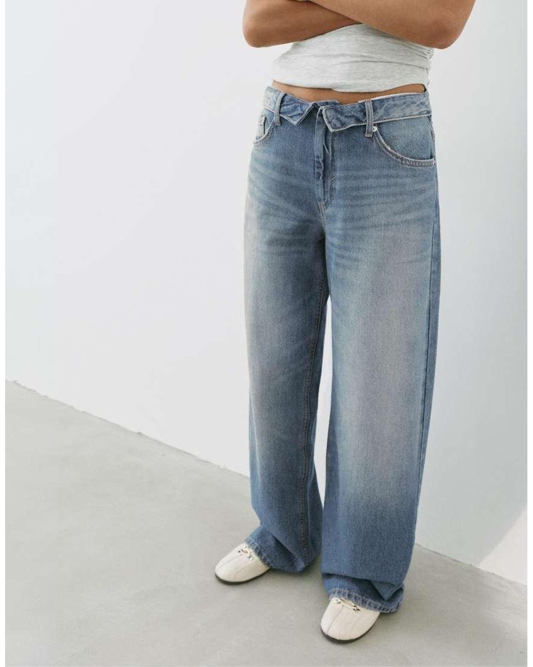 Pull&Bear Blue Relaxed Baggy Jeans With Turn-Up Waist