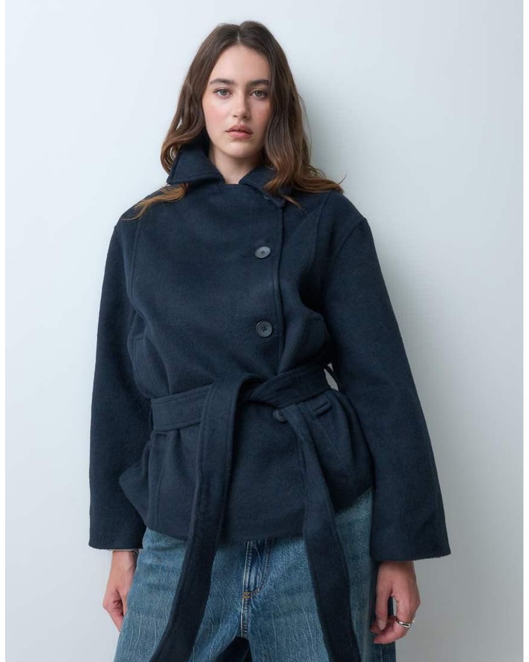 ASOS Blue Low Belt Short Trench Coat With Wool