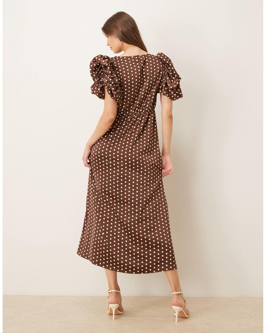 Y.A.S Brown Ruched Puff Sleeve Detail Satin Midi Dress