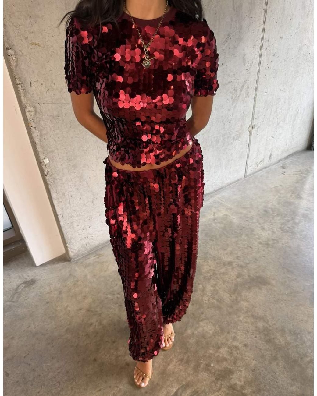 Never Fully Dressed Red Sequin Short Sleeve Crop T-Shirt Co-Ord