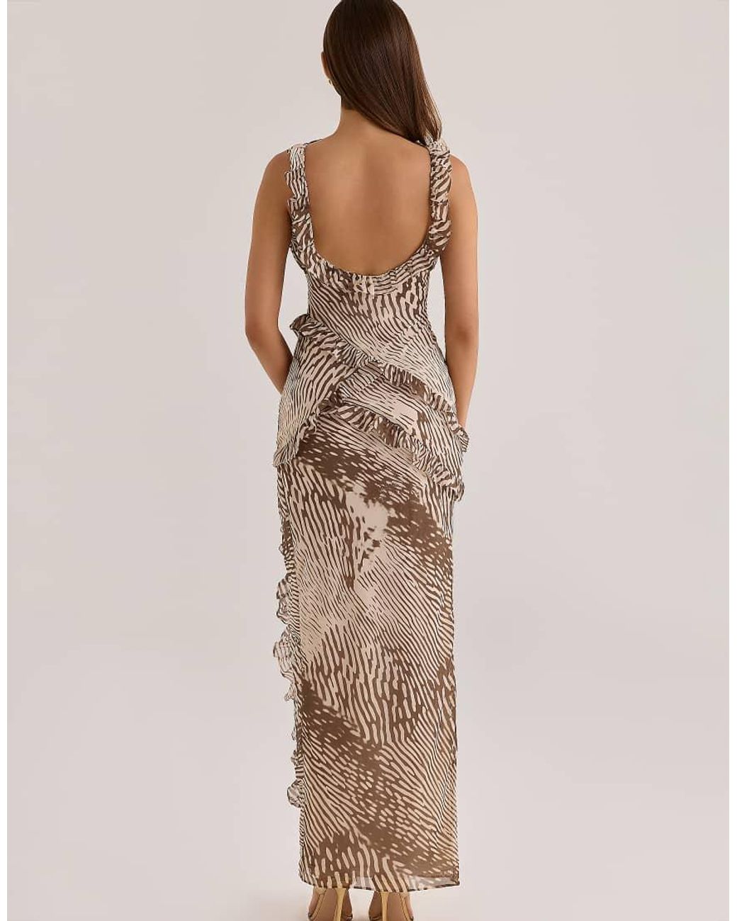 House Of Cb Natural Pixie Printed Georgette Ruffle Maxi Dress