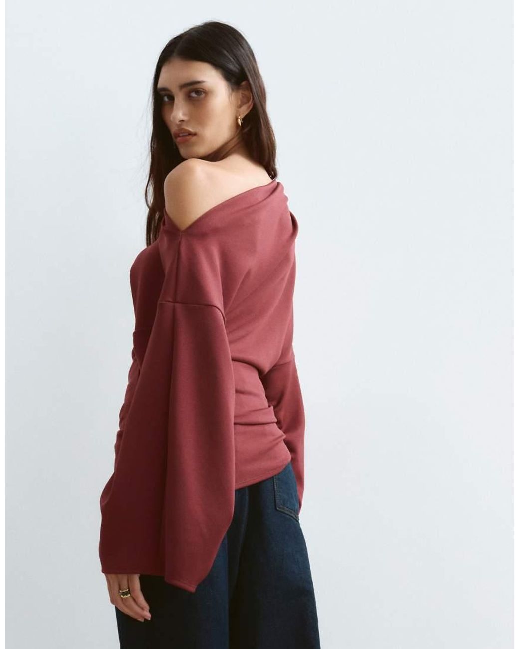 ARRANGE Red Jersey Off Shoulder Long Sleeve Top With Ruched Hem