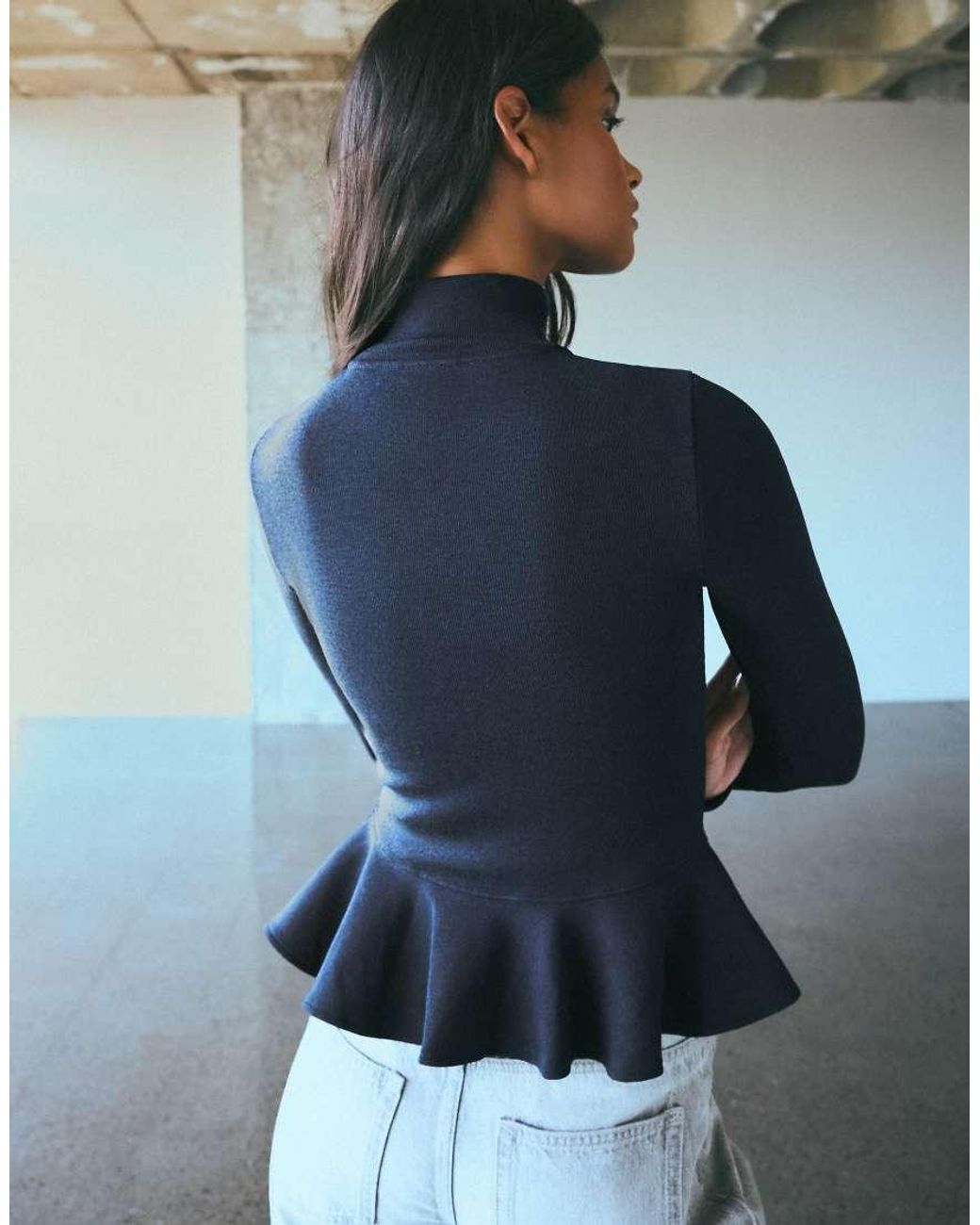 Bershka Blue High Neck Peplum Jacket