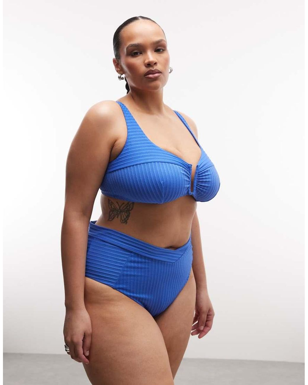 ASOS Blue Asos Design Curve Rory Spliced Rib V Wire Bikini Top
