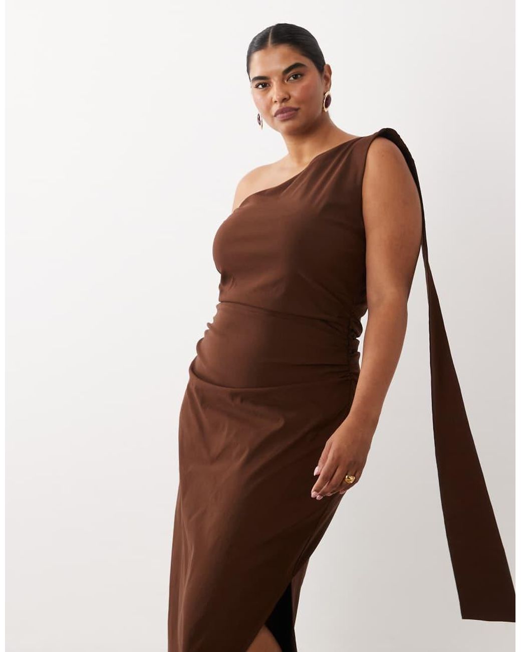 Tfnc Plus Brown Bengaline One Shoulder Draped Maxi Dress