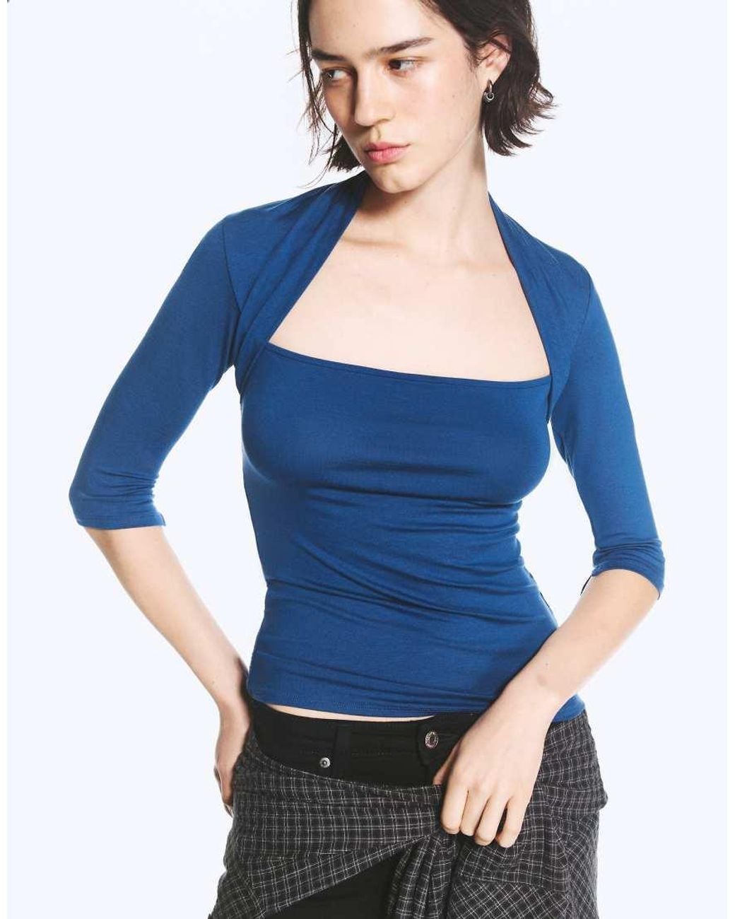 Weekday Blue Square Neck 3/4 Length Sleeve Top