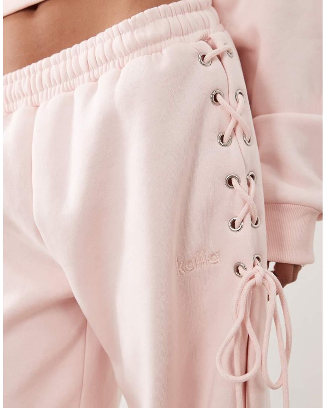 Kaiia Pink Cotton Rich Lace Up Side Detail Wide Leg joggers Co-ord