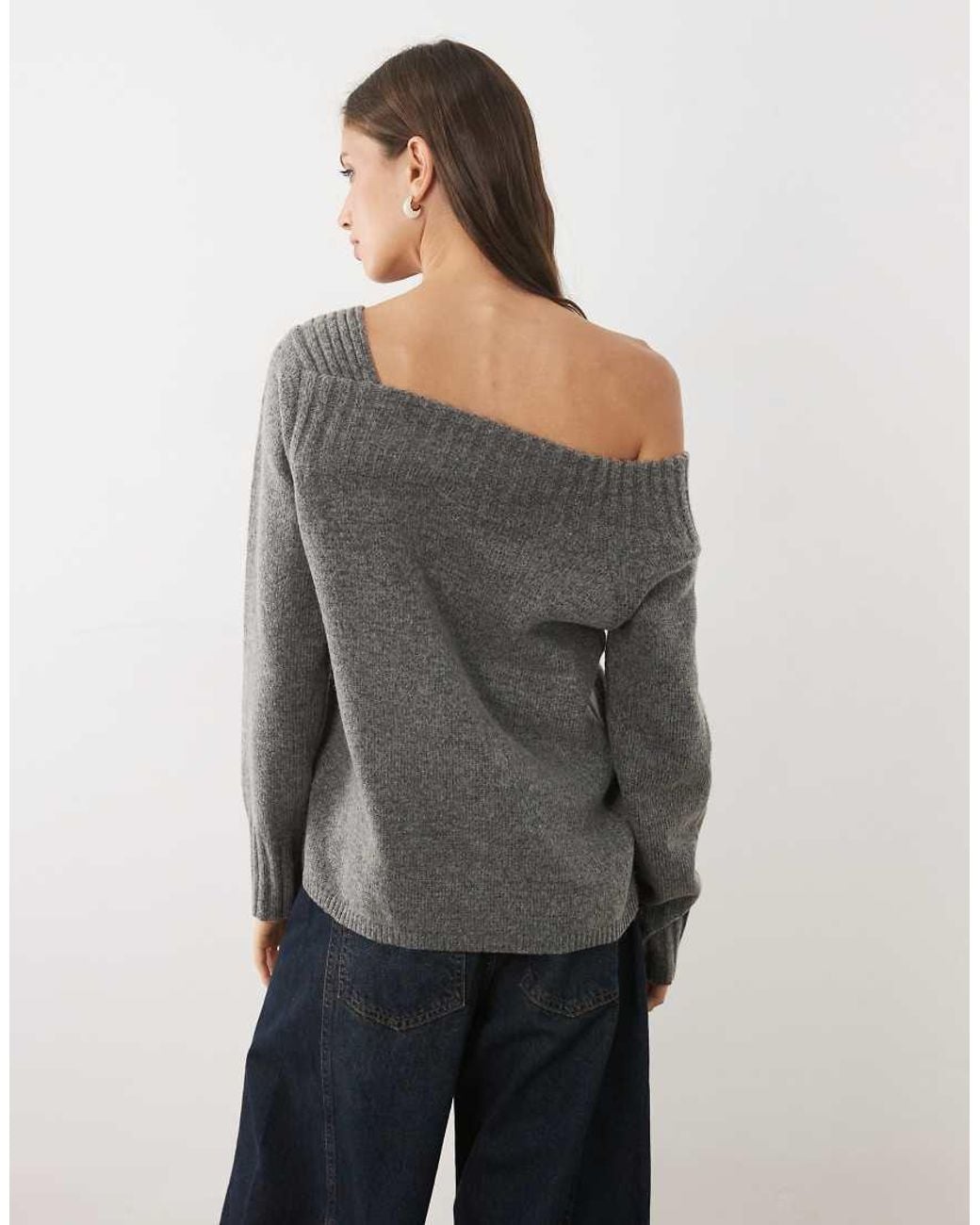 Threadbare Gray Slash Neck Knitted Off Shoulder Jumper
