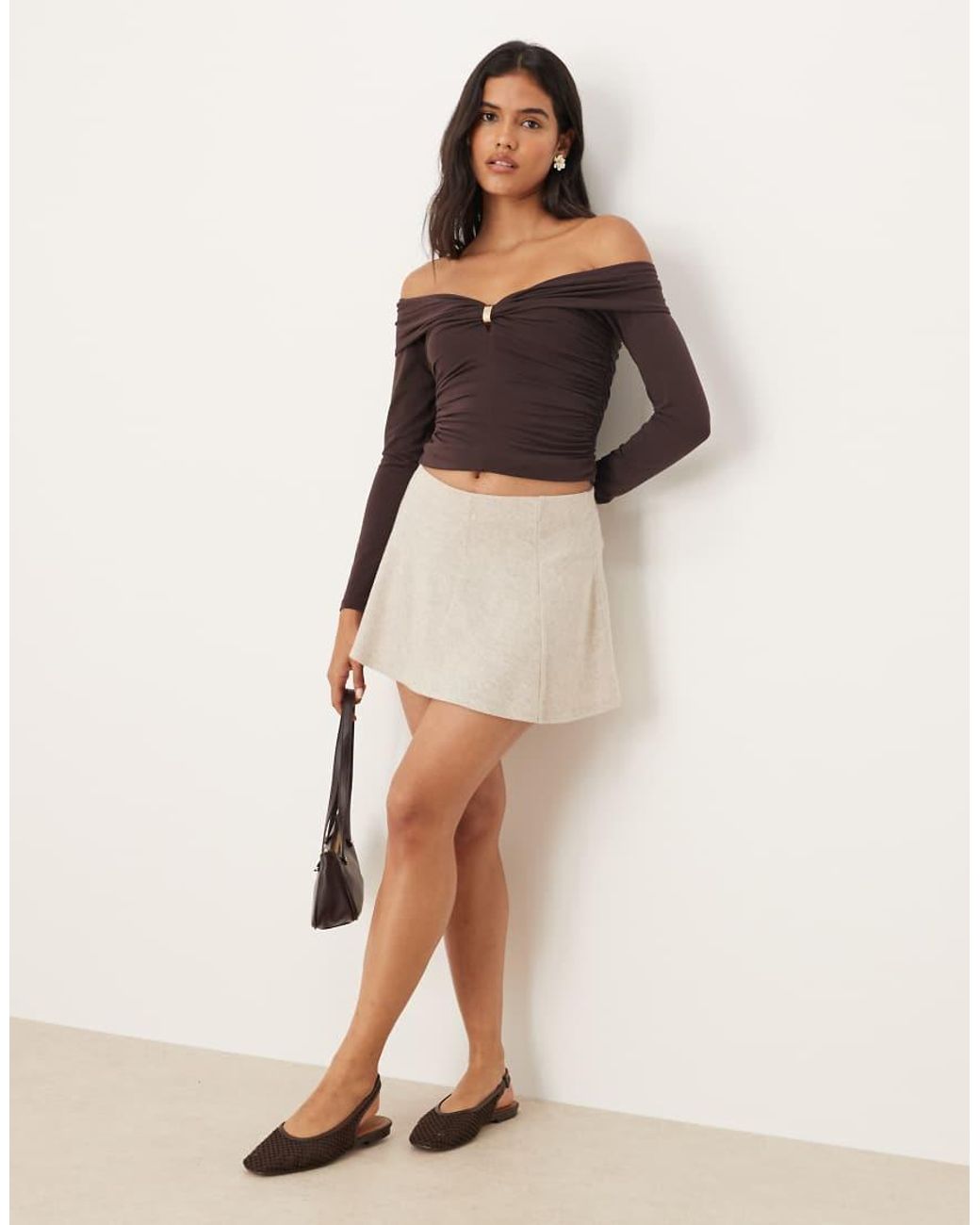 Abercrombie & Fitch Brown Off The Shoulder Long Sleeve Hardware Detail Top