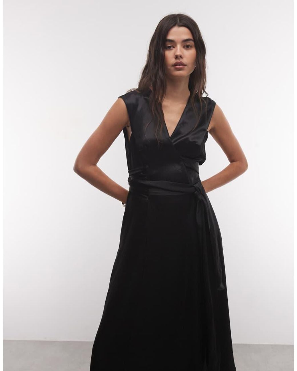 AllSaints Black Jeanne Sleeveless V Neck Wrap Midi Dress