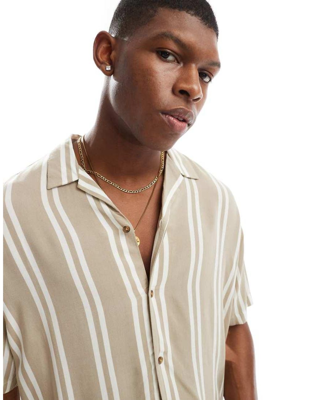 Jack & Jones White Revere Collar Striped Short Sleeve Shirt for men