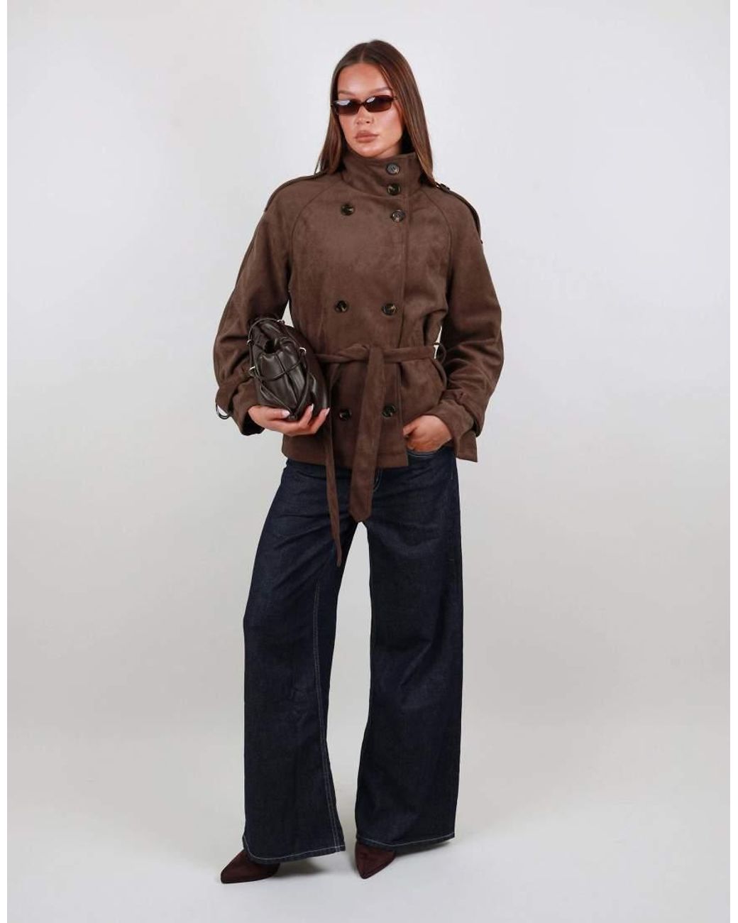 SIMMI Brown Faux Suede Funnel Collar Trench Coat