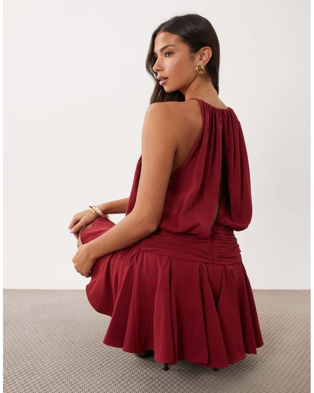 ASOS Red Satin High Neck Drop Waist Flippy Mini Dress