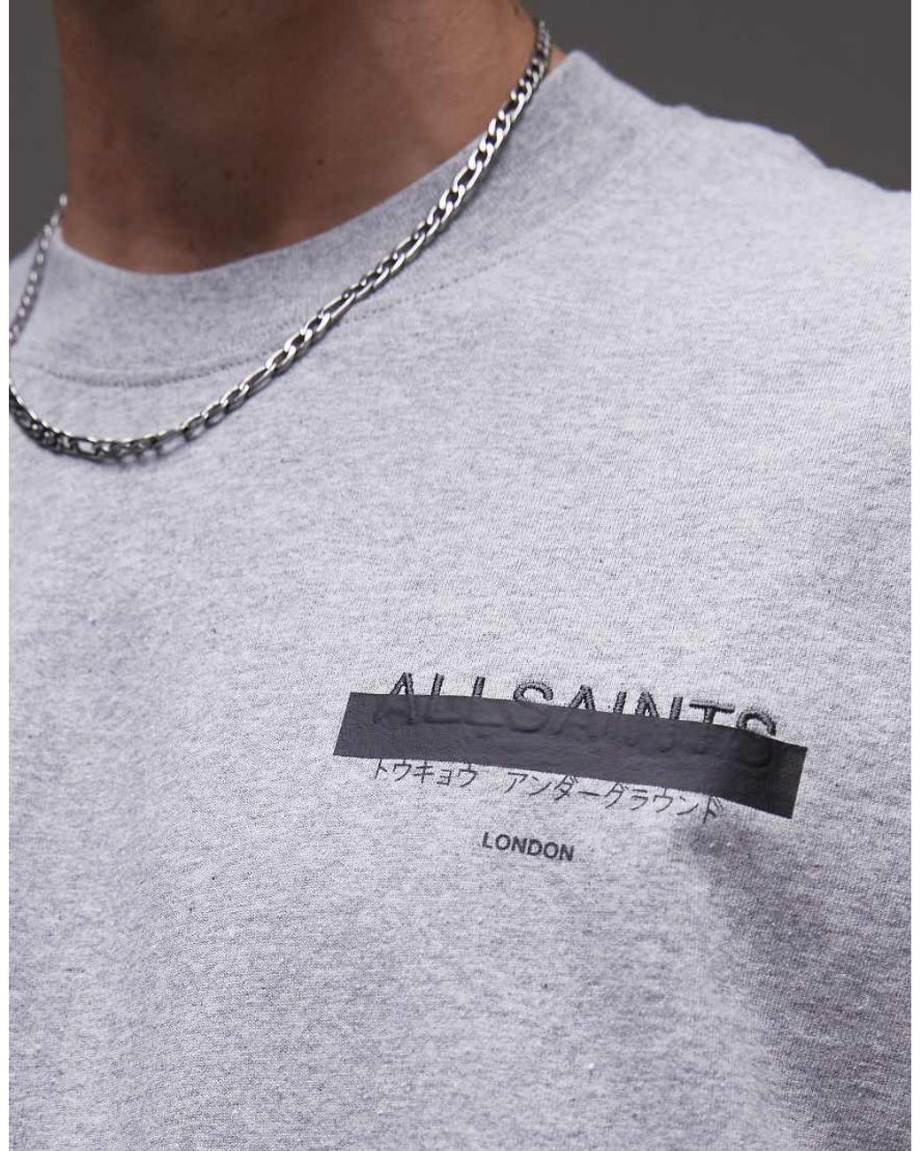 AllSaints Gray Redact Oversized Embroidered Logo T-Shirt for men