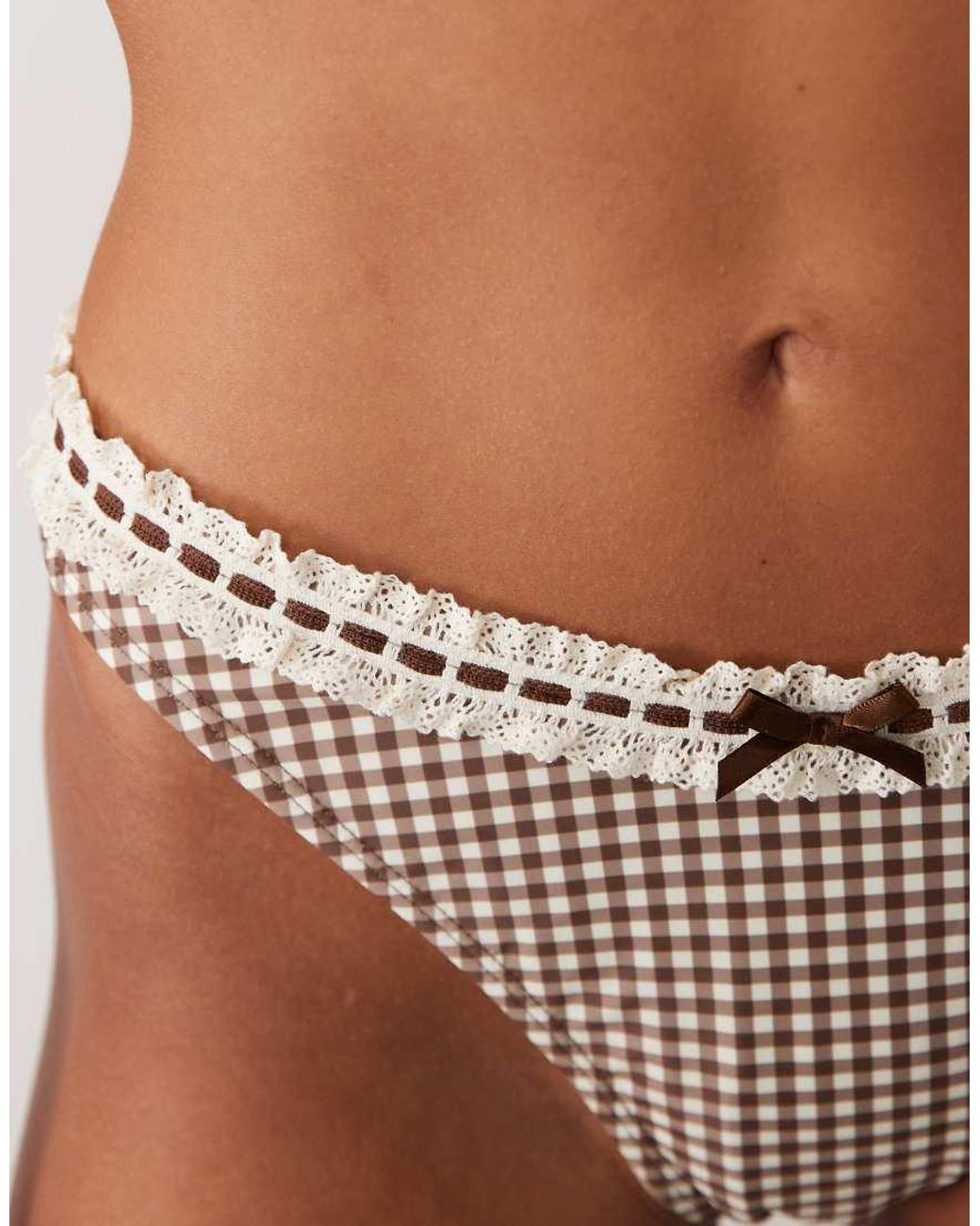 The Frolic Brown Exclusive Lace Trim Bow Front High Leg Bikini Bottoms Co-Ord