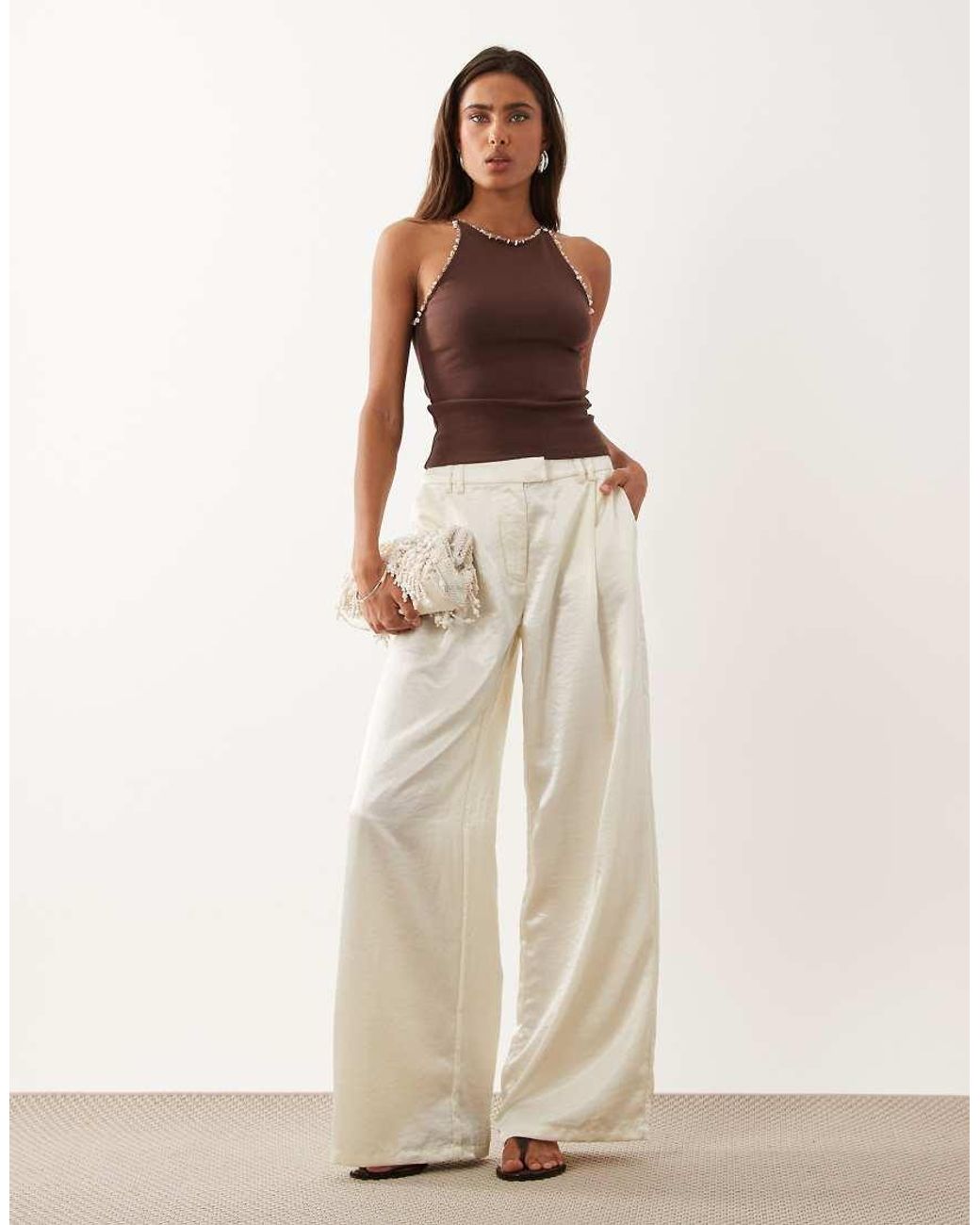 ASOS Brown Compact Cotton Racer Top With Bead Detail