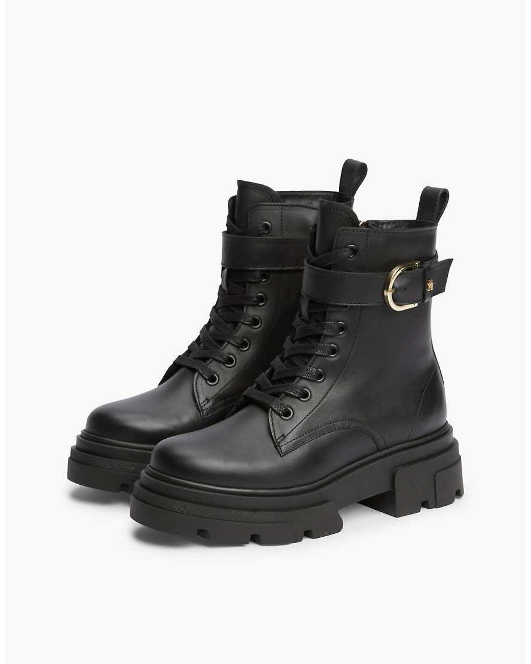 Tommy Hilfiger Black Waterproof Leather Chunky Lace Up Boots