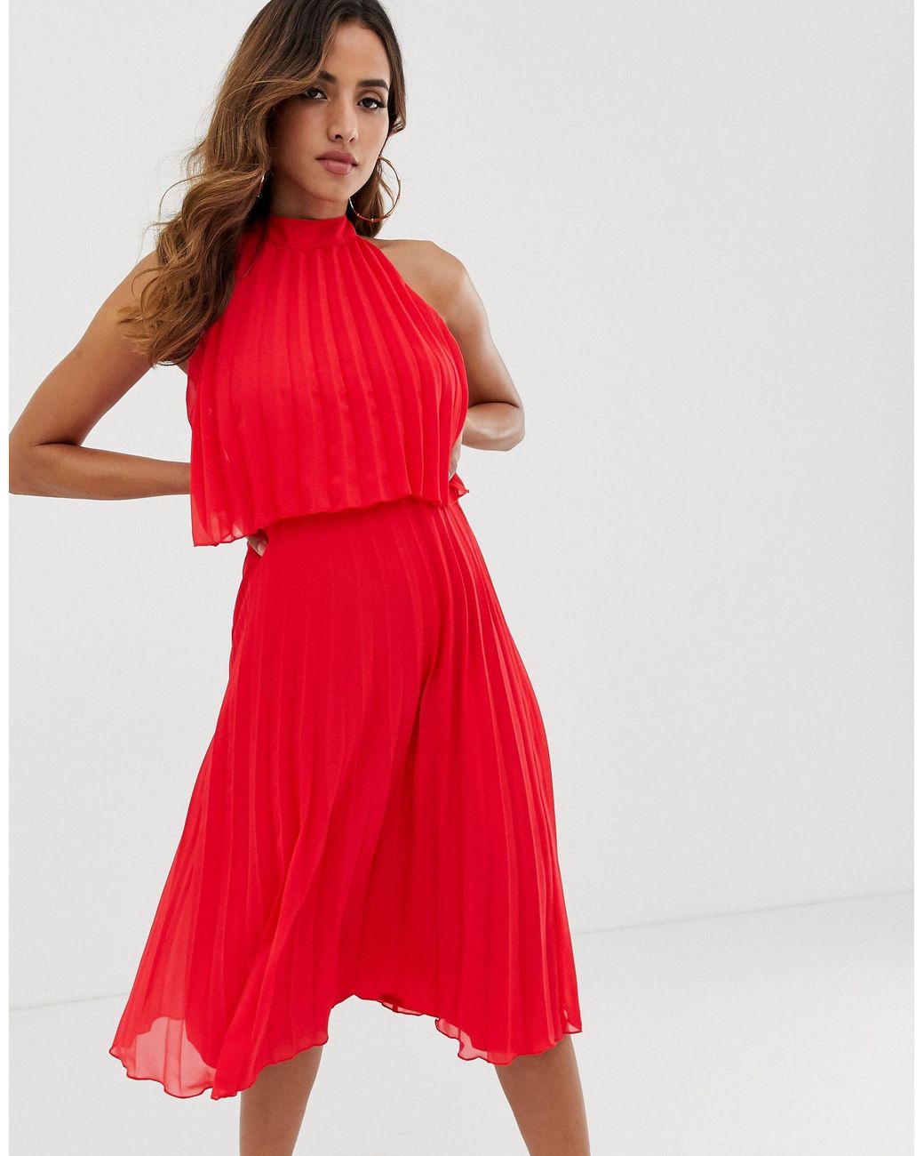 ASOS Halter Tie Neck Midi Dress in Red | Lyst