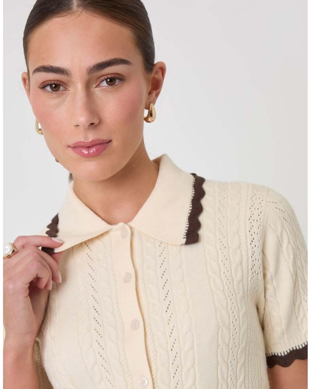 Threadbare Natural Cable Knit Scallop Trim Polo