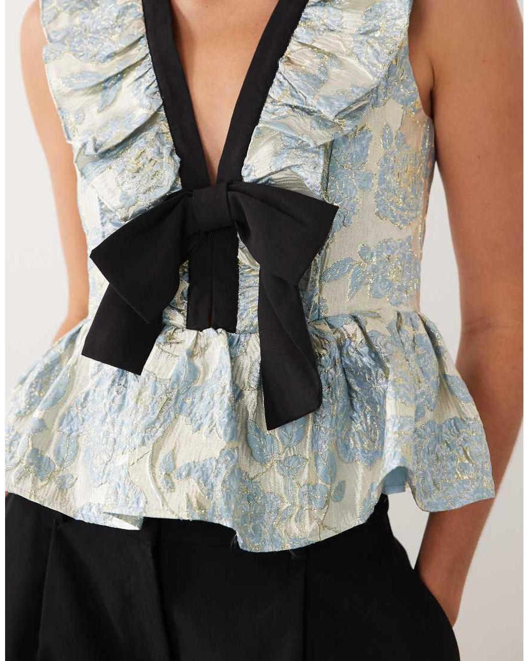 Sister Jane White Dream Bluebell Jacquard V-Neck Peplum Hem Bow Detail Top