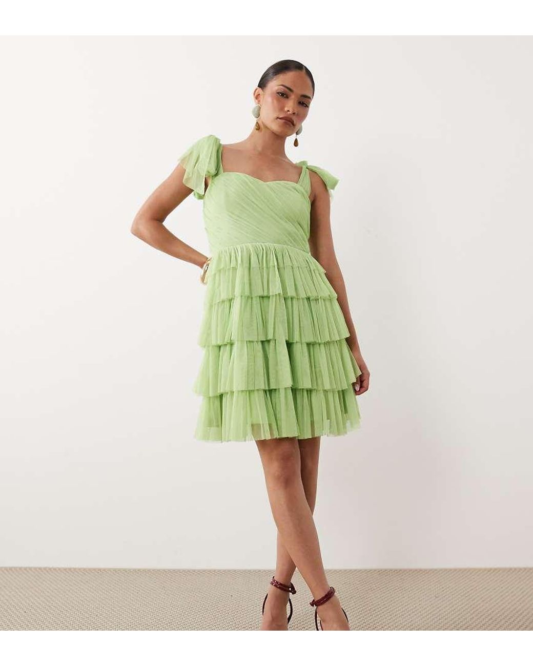 LACE & BEADS Ophelia Tie Sleeve Ruched Tiered Mini Dress in Green