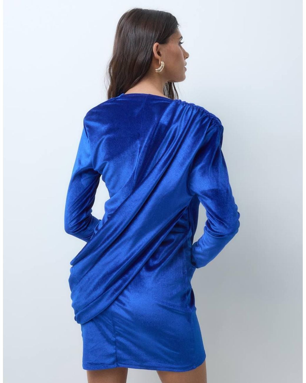 ASOS Blue Velvet Shoulder Pad Slinky Mini Dress With Sweeping Drape Detail