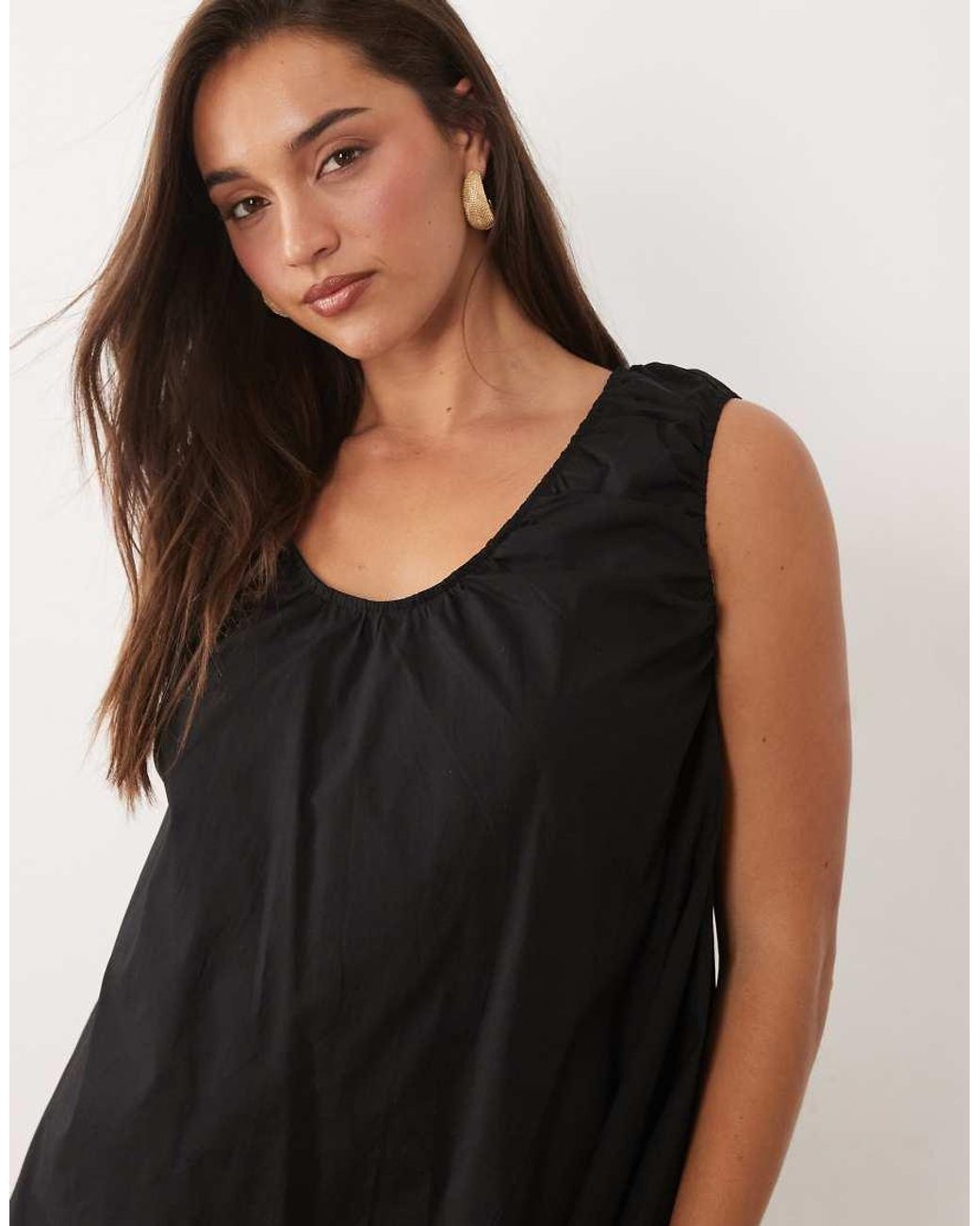 Fashionkilla Black Exclusive Cotton Rich Poplin Scoop Ruched Neck Detail Trapeze Mini Dress