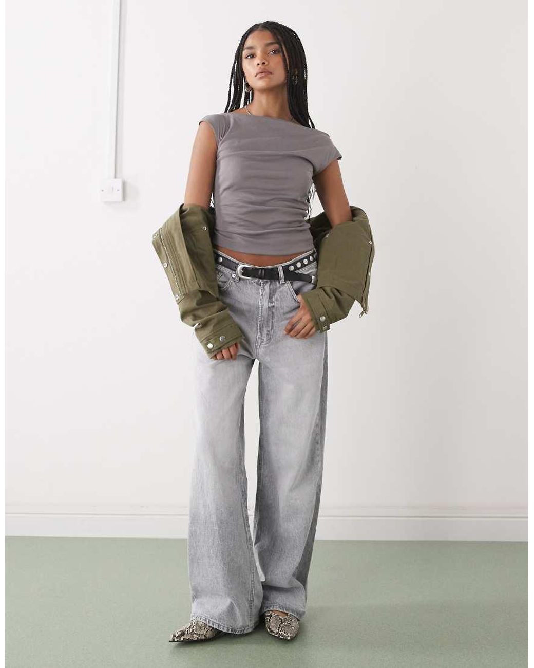 Weekday Gray Semi Sheer Drape Neck Top
