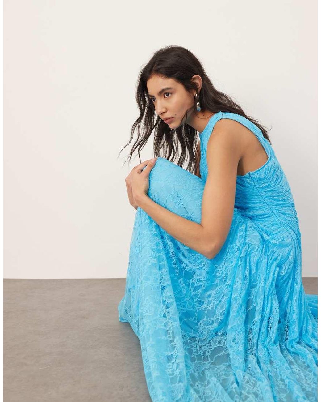 ARRANGE Lace Ruched Panel Dropped Waist Maxi Dress in Blue | Lyst UK