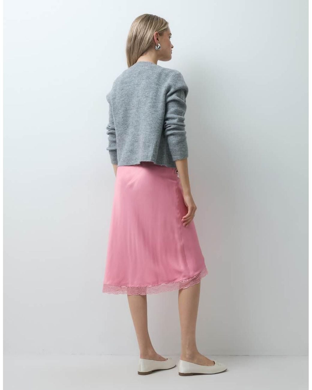 Reclaimed Vintage Pink Awkward Length Satin Midi Skirt With Lace Trim