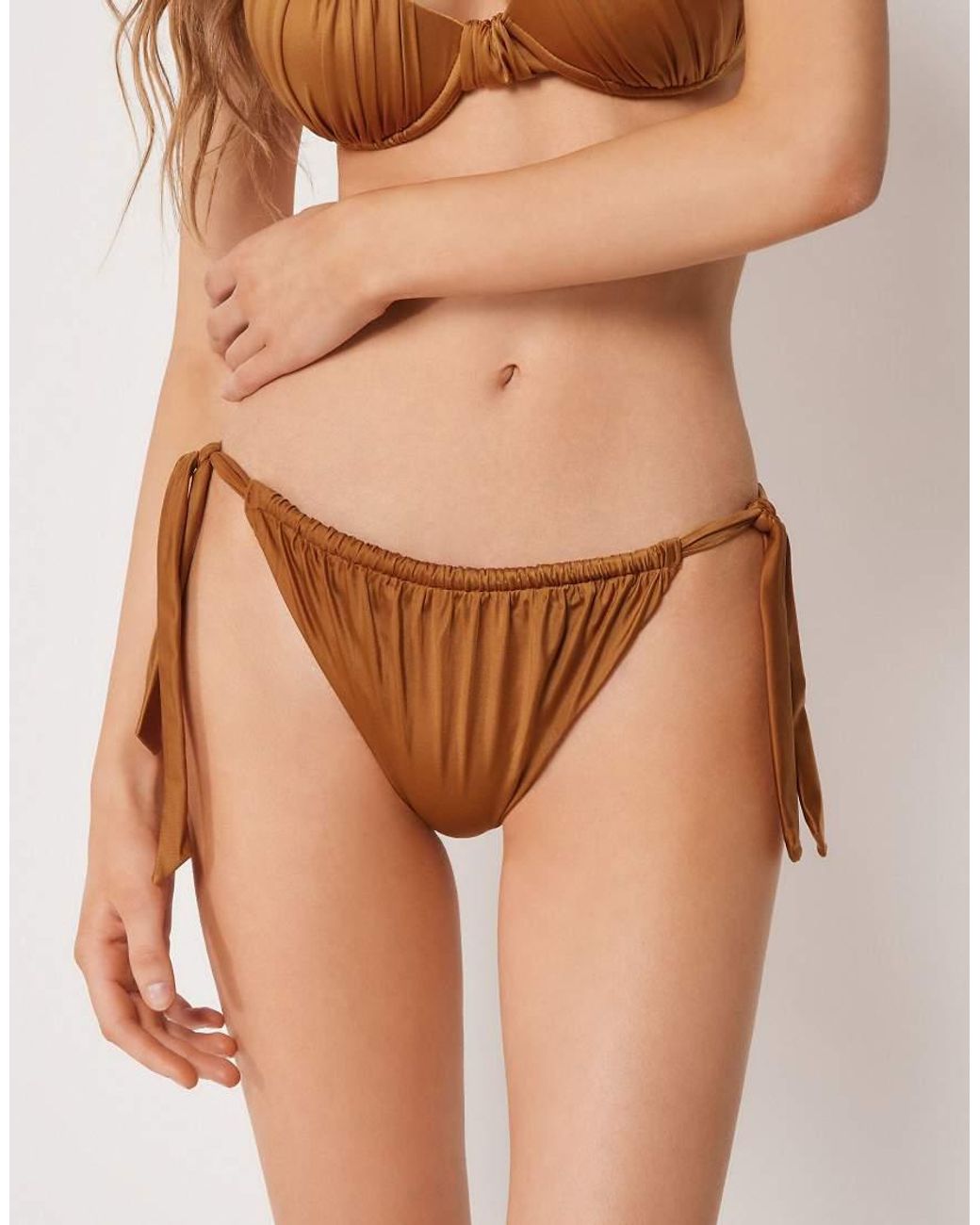 Calzedonia Brown Shiny Satin Briefs Bikini Bottom