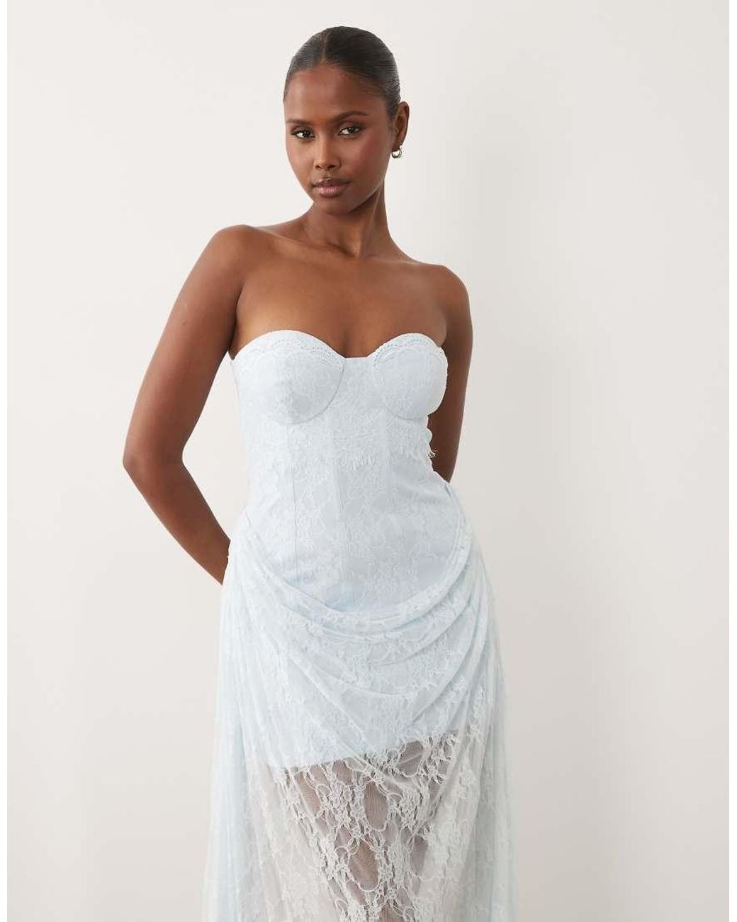 ASOS White Premium Corset Bandeau Lace Maxi Dress With Drape Skirt Overlay