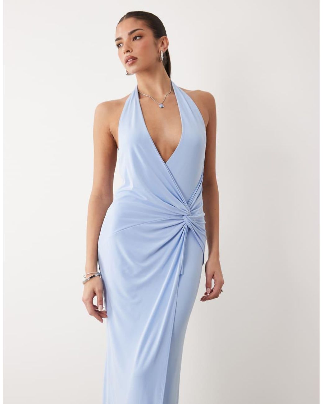 ASOS Blue Twist Detail Plunge Slinky Maxi Dress