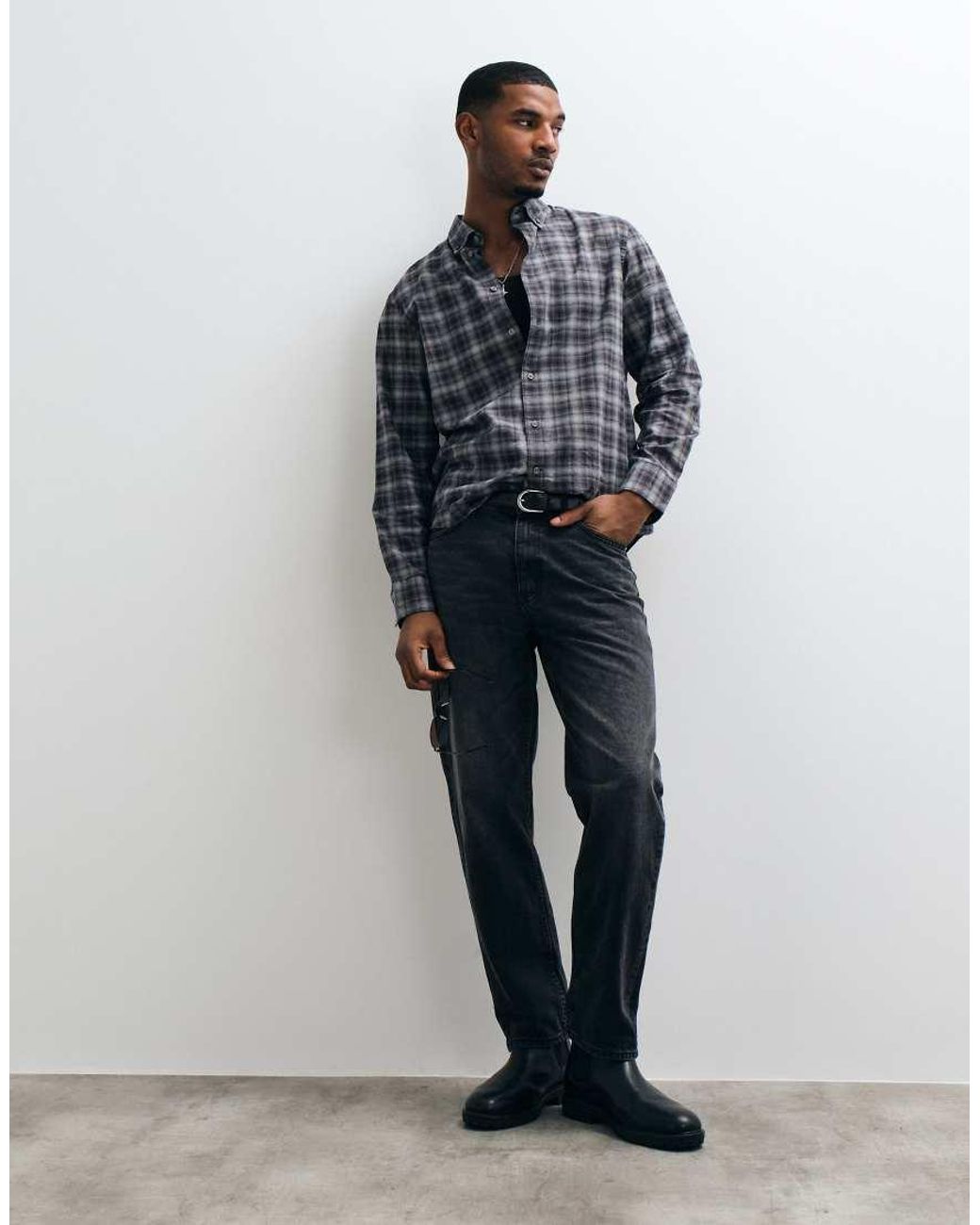 SELECTED Gray Long Sleeve Check Shirt for men
