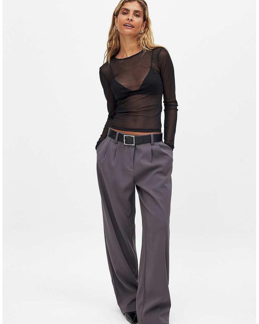 NA-KD Brown Round Neck Fitted Mesh Top